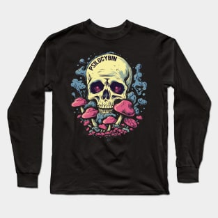 Psilocybin Tripping Skull with Mushrooms Long Sleeve T-Shirt